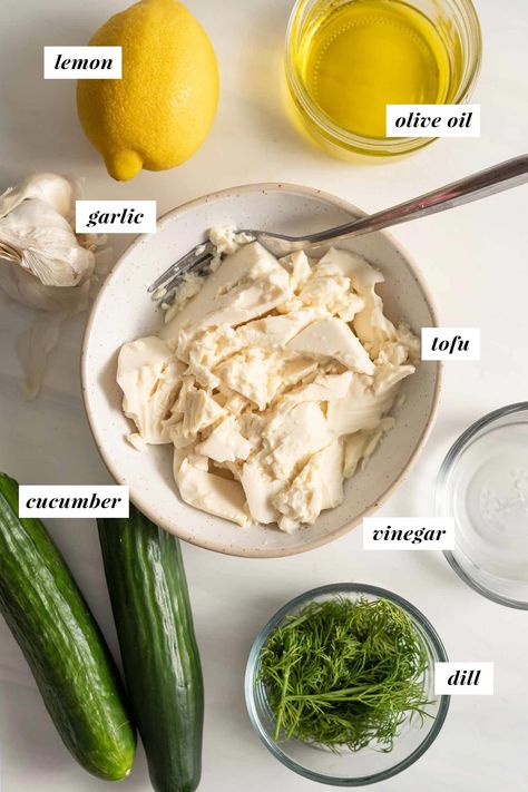 This easy vegan tzatziki recipe is made with tofu so it's completely dairy-free and nut-free. Enjoy this zesty cucumber dill dip with falafel and pita! Falafel Meal, Cucumber Dill Dip, Vegan Dressing Recipes, Running On Real Food, Tzatziki Recipe, Greek Diet, Tzatziki Sauce Recipe, Vegan Tzatziki, Dill Dip