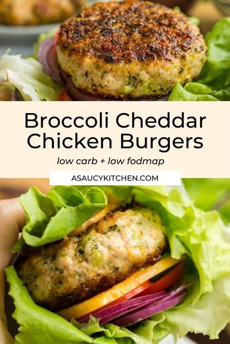 Ground Chicken Burgers, Fodmap Recipes Dinner, Low Fodmap Recipes Dinner, Broccoli Cheddar Chicken, Fodmap Friendly Recipes, Cheddar Burger, Low Fodmap Diet Recipes, Chicken Burgers Recipe, Fodmap Diet Recipes