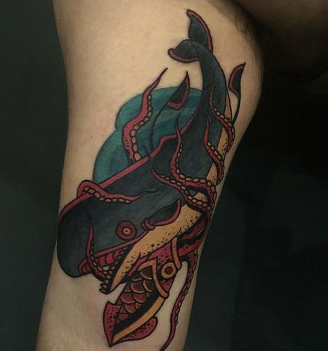 NeoTraditional Sperm Whale vs. Giant Squid by Jamie Santos - Tymeless Tattoo Baldwinsville, NY Invisible Ponytail, Octopus Tattoo Sleeve, Squid Tattoo, Octopus Tattoos, Giant Squid, Tattoo Old School, Whale Tattoos, Traditional Tattoo Sleeve, Sperm Whale