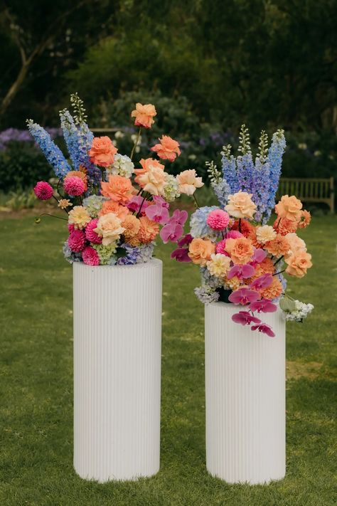 Bright Pink + Barefoot: A Fun + Floral Wedding In Australia Bright Pastel Flower Arrangement, How To Wedding Floral Arrangements, Floral Wedding Ceremony Decor, Floral Alter Wedding, Bright Colored Wedding Flowers, Summer Wedding Ideas Indoor, Wedding Alter Ground Florals, Wedding Floral Altar, Spring Wedding Flower Arch