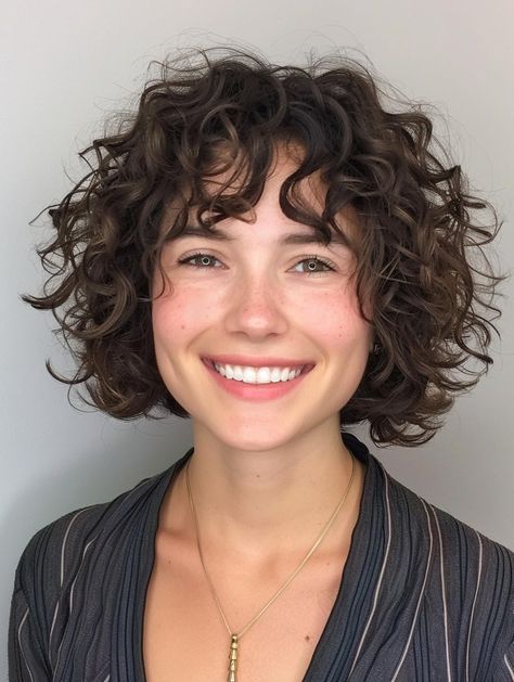 Curly Bob Center Part, Curly Bob With Face Framing Layers, Short Curly Bob With Bangs, Curly Shags, Bold Hair Color Ideas, Curly Bob Bangs, Curly Natural Hairstyles, Curly Aesthetic, Curly Bob Haircut