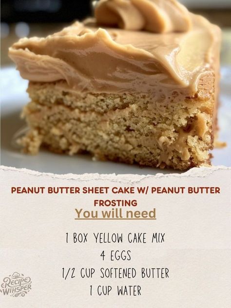 Recipe Whisper Butter Box Cake Mix Recipes, Yellow Cake With Peanut Butter Frosting, Peanut Butter Cake From Box Cake, Peanut Butter Sheet Cake Recipe, Recipe Whisper, Peanut Butter Cake Recipe, Peanut Butter Sheet Cake, Butter Cake Recipe, Peanut Butter Cake