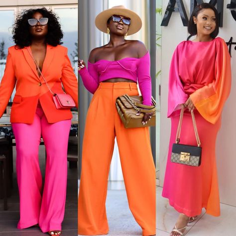 Pink N Orange Outfit, Fushia And Orange Outfit, Orange And Pink Outfits For Women, Blazer Color Combination Women, Pink Orange Green Outfit, Pink And Orange Brunch Outfit, Bright Color Brunch Outfits, Orange And Pink Outfit Color Combos, Pink And Orange Fashion