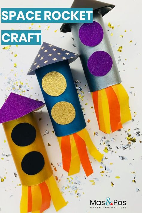 These paper roll space rockets are out of this world.  In minutes you can transform a simple toilet roll into an almighty rocket, ready to launch off into space.  An exciting rocket craft for kids to enjoy playing with. #artsandcrafts #kidscrafts #kidsfun #funactivities #spacerocket Rocket Out Of Toilet Paper Roll, Rocket Craft For Toddlers, Rocket Craft Preschool, Space Art And Craft, Rocket Crafts For Kids, Astronaut Crafts For Kids, Toilet Paper Roll Rocket, Rocket Craft For Kids, World Space Week