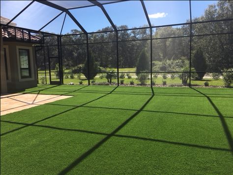 Unbelievable outdoor space, astro-turf under screen enclosure is an entertainers dream come true. Entertainment Yard Ideas, Astro Turf Backyard, Yard Playground, Lanai Ideas, Screened Room, Florida Backyard, Turf Backyard, Arthur Rutenberg Homes, Children Library