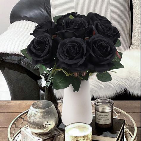 PRICES MAY VARY. PACKANGE: Package includes 8 artificial roses with stems and 1 ceramic vase. Artificial roses are approximately 11.8 inches (30 cm) long. Each bloom head is approximately 2.36 inches (8 cm) wide. The height of the ceramic vase is about 5.7 inches MATERIAL: Black artificial roses are made of high quality silk material, the rose stems are made of plastic wrapped wire for fixing and adjusting. The artificial flower arrangement in the vase can be bent or cut, perfect for home decora Black Flower Wedding Bouquet, Black And White Flower Arrangements, Flowers With Vase, Fake Flowers Decor, Bouquet For Wedding, White Flower Arrangements, Roses Bouquet, Rose Stem, Black Roses