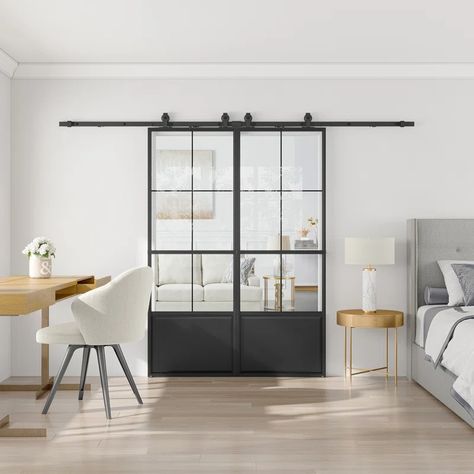 LDB_BUILDING 3/4Lite Metal and Clear Glass Double Slding Barn Door with Installation Hardware Kit and Soft-close | Wayfair Barn Door Modern, Building Colour, Frosted Glass Barn Door, Black Barn Door, Welding Techniques, Double Sliding Barn Doors, Barn Door Installation, Glass Barn Doors, Black Barn