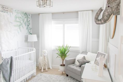 Gray Gender Neutral Nursery, Nursery Chandelier, Gold Crib, Nursery Design Board, Nursery Design Neutral, Gray Nursery, Baby Nursery Inspiration, White Crib, Room View