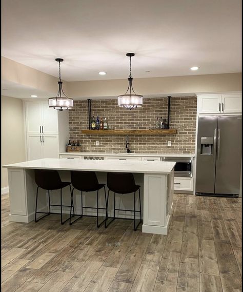 Basement Bar Back Wall, Basement Bar With Oven, Full Kitchen In Basement, Basement Kitchen With Stove, Basement Kitchen Bar Ideas, Basement Kitchen Ideas With Island, Basement Bar With Full Size Fridge, Farmhouse Basement Bar Ideas, Modern Basement Bar Ideas