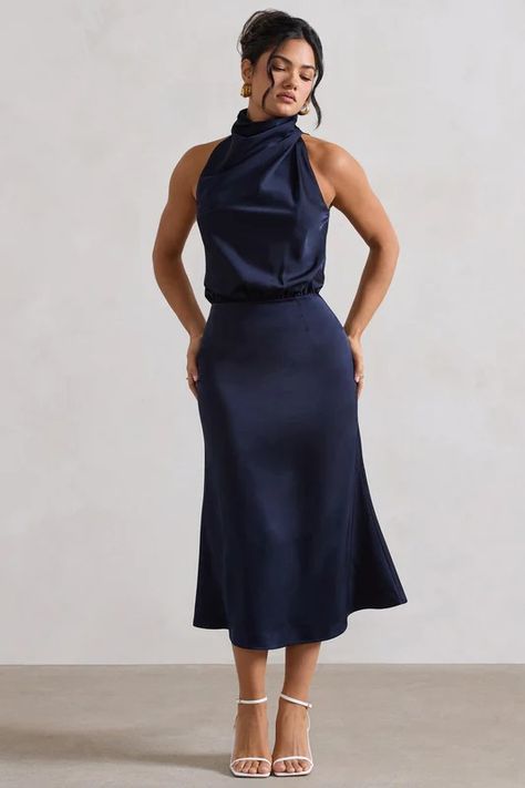 New In Dresses Women's Midi, Mini & Maxi Dresses – Club L London - USA Navy Wedding Guest Dresses, Midi Wedding Guest Dress, Wedding Guest Accessories, Blue Satin Dress, Navy Blue Cocktail Dress, Winter Wedding Guest Dress, Club L London, High Neck Midi Dress, Candy Dress