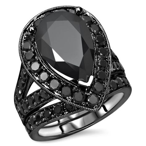 Noori 14k Black Gold 6ct TDW Black Pear-cut Diamond Bridal Set Ring Wedding Set, Pear Shaped Diamond Engagement Rings, Black Diamond Wedding Rings, Gothic Engagement Ring, Solitaire Engagement Ring Settings, Black Diamond Solitaire, Solitaire Ring Set, Black Gold Jewelry, Black Diamond Engagement