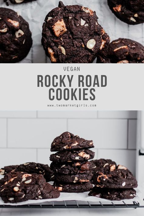 Vegan Rocky Road, Vegan Rice Krispie Treats, Vegan Dessert Recipe, Rocky Road Cookies, Chocolate Chip Marshmallow Cookies, Chocolate Marshmallow Cookies, Vegan Marshmallows, Marshmallow Cookies, Vegan Cookie