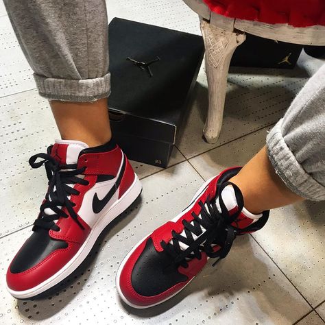 Air Jordan 1 Gym Red, Jordan 1 Gym Red, White Air Jordan 1, Air Jordan 1 Mid Chicago, Jordan 1 Mid Chicago, Air Jordan 1 Outfit Women, Shoe Goals, Air Jordan 1 Chicago, Jordan 1 Outfit Women