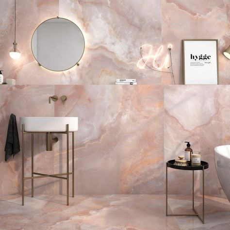 Introducing: Alaska 🌸 Discover the beauty of Alaska’s onyx effect tiles and indulge in a world of elegance. The stunning coral, rose, and blush tones create a romantic ambiance, while the super polished finish adds a touch of glamour! #tilestyle #tileinspiration #marble #homedecor #sophisticatedspaces #marblebathroom #bathroomdecor #homeinspiration #onyx #onyxtile #elegantspaces Onyx Tile Bathroom, Vogue Pink, Pink Tile Bathroom, Pink Bathroom Tiles, Onyx Tile, Luxury Bathroom Tiles, Marble Tile Bathroom, Polished Porcelain Tiles, Pink Tiles