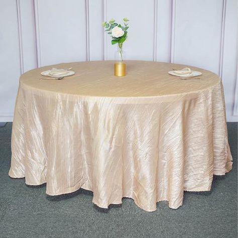 120" Accordion Crinkle Taffeta Round Tablecloth - Beige | eFavorMart Round Table Sizes, Buy Dining Table, Pc Design, Elegant Tablecloth, Wedding Tablecloths, Round Tables, Tablecloth Sizes, Table Skirt, Mantel Redondo