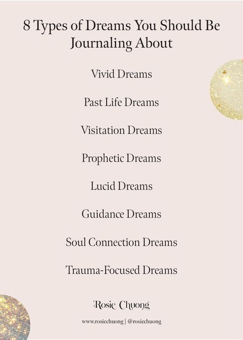 8 types of dreams to journal about: vivid, past life, visitation, prophetic, lucid, guidance, soul connection and trauma-focused dreams Interpreting Dreams, Dream Psychology, Types Of Dreams, Magic System, Vivid Dreams, Dream Symbols, Dream Meanings, Soul Connection, Dream Journal