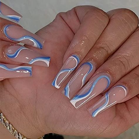 Blue And White Nails, Fake Toenails, Abstract Nails, Press On Nails Long, Long Press On Nails, Blue Acrylic Nails, Coffin Press On Nails, Fake Nails With Glue, Nails For Women