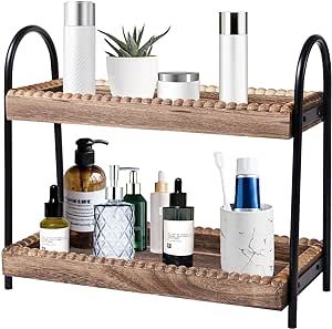 BDBDYEAY Bathroom Countertop Organizer, 2 Tier Vanity Organizer and Storage for Cosmetic Skincare Perfume, Wood Bead Storage Shelf for Bathroom Kitchen Coffee Station Bathroom Coffee Station, Bathroom Counter Organizer Ideas, Toiletry Drawer Organization, Bathroom Sink Counter Organization, Styling Bathroom Counter, Organizing Bathroom Countertop, Bathroom Table Decor, Tiered Tray Bathroom, Natural Bathroom Decor