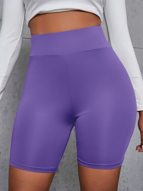 Purple Casual Collar  Fabric Plain Biker Shorts Embellished High Stretch Summer Women Clothing Seluar Ketat, Yoga Workout Clothes, Gym Tights, Hip Lifts, Seluar Pendek, Slim Shorts, Womens Workout Outfits, Stretch Leggings, Cycling Shorts