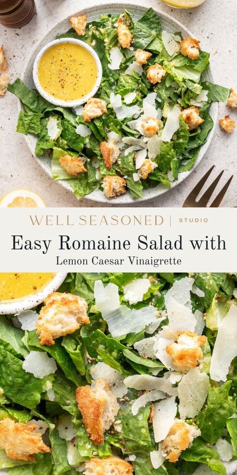 If you love the flavors of a classic Caesar but want something a bit lighter, try my Romaine Salad with Lemon Caesar Vinaigrette. It's still loaded with crunchy croutons and lots of Parmesan cheese, but features a lighter oil-based Caesar dressing that comes together in minutes. It's perfect with crisp romaine lettuce and can be enjoyed as a side salad or topped with chicken, shrimp, or salmon to make a complete meal. #wellseasonedstudio #romaine #romainesalad #caesarvinaigrette Caesar Vinaigrette, Romaine Lettuce Recipe, Homemade Caesar Salad Dressing, Lettuce Recipes, Classic Caesar Salad, Salad With Lemon, Romaine Salad, Yummy Salads, Chicken Shrimp