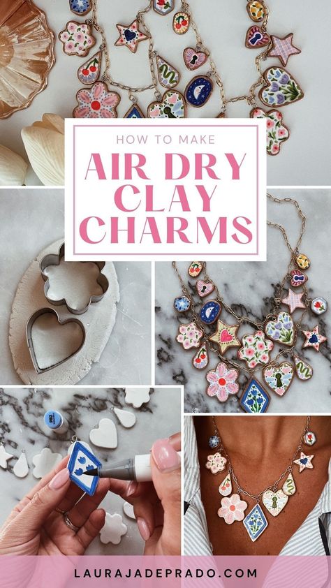 DIY Air Dry Clay Necklace Charms - Laura Jade Prado- #Air #Charms #Clay #DIY #Dry #Jade #Laura #Necklace #Prado Check more at https://howcandothis.com/diyideas/diy-air-dry-clay-necklace-charms-laura-jade-prado-2/ Gift For Designer, Cold Porcelain Jewelry Tutorial, Handmade Selling Ideas, Handmade Gifts For Kids To Make, Air Clay Diy Ideas, Air Dry Clay Pendants Diy, Clay Crafts Gifts, Crafts With Charms, Jovi Air Dry Clay Ideas