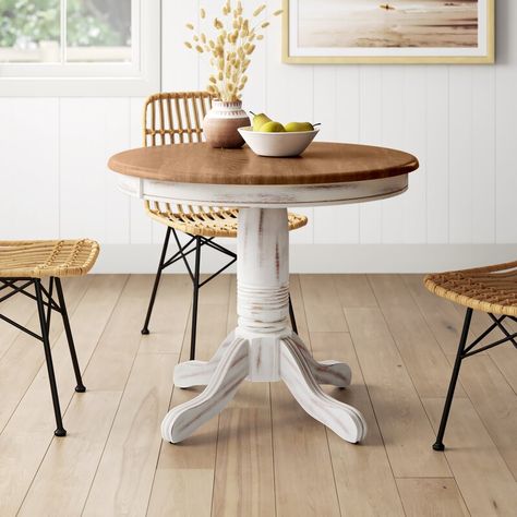 Sand & Stable Bonas 36'' Solid Wood Pedestal Dining Table & Reviews | Wayfair Small Round Kitchen Table, Distressed Dining Table, Small Round Dining Table, Nook Table, Dining Table Wood, Round Kitchen Table, Small Kitchen Tables, Wood Ladder, White Dining Table