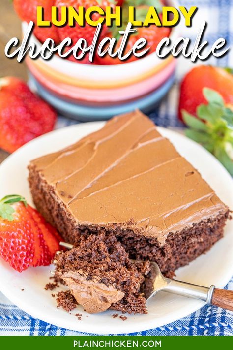 Lunch Lady Chocolate Cake - easy and delicious chocolate sheet cake recipe with a quick homemade chocolate frosting. I found the recipe in a government school cafeteria cookbook and had to give it a try. OMG! SO good! Shortening, sugar, eggs, vanilla, water, flour, baking powder, baking soda, instant milk, cocoa powder, powdered sugar, butter. Ready to eat in about 30 minutes! Easy German Chocolate Cake, Chocolate Sheet Cake Recipe, Chocolate Cake From Scratch, Homemade Chocolate Frosting, Choc Cake, German Chocolate Cake Mix, Lemon Pound Cake Recipe, Italian Cream Cakes, Chocolate Sheet Cake