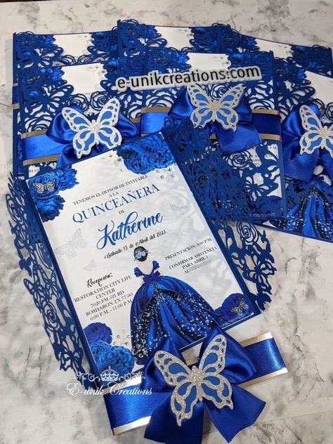 Royal Blue Quince Invitations Butterfly, Blue 15 Invitations, Royal Blue 15 Invitations, Royal Blue And Silver Quince Invitations, Qencenera Ideas Royal Blue, Quince Dresses Royal Blue Butterfly, Royal Blue Cake Quinceanera With Butterflies, Royal Blue Invitations Quinceanera, Royal Blue And Gold Butterfly Quinceanera Theme