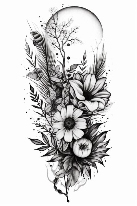 Leg Sleve Ideas Women, Tattoo Ideas Female Sleeve Inner Arm, Skulls And Flowers, Womens Forest Sleeve Tattoo, Woodland Sleeve Tattoo For Women, Upper Half Sleeve Tattoo For Women, Wild Flower Tattoo Sleeve, Half Arm Sleeve Tattoo For Women, Dark Floral Sleeve Tattoos For Women