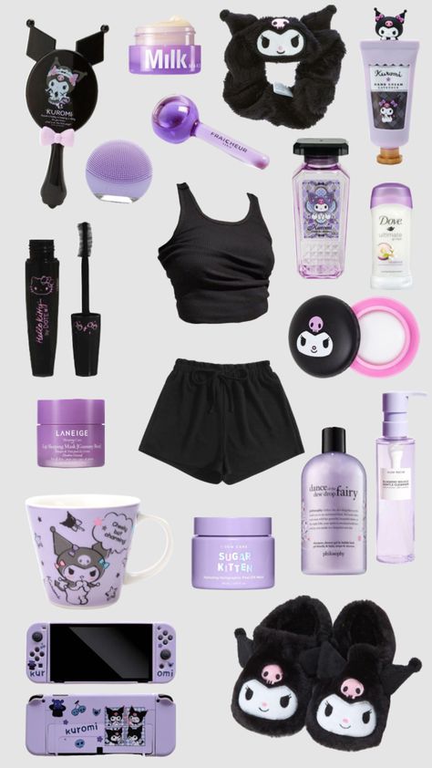 Kuromi Items To Buy, Kuromi Stuff To Buy, Kuromi Style Outfit, Kuromi Bedroom Aesthetic, Kuromi Decorations, Kuromi Room Aesthetic, Kuromi Themed Room, Kuromi Pjs, Korumi Stuff