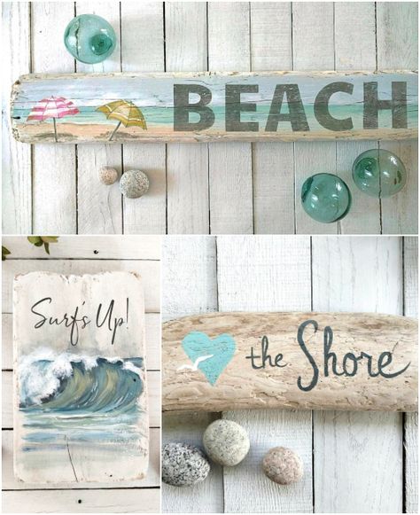 Beautiful beach art paintings on driftwood pieces. Special seaside art to display in your home. Driftwood Art Featured on Completely Coastal. Driftwood Painting, Driftwood Beach Wall Art, Diy Beach Signs Wall Decor, Dyi Costal Wall Art, Driftwood Signs, Beach Wood Signs Driftwood, Driftwood Wall Art Sculptures & Statues, Painted Driftwood, Beach Art Painting