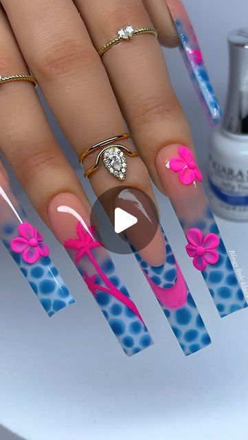 Hot Pink And Purple Nails, Water Nails, Acrylic Brushes, Blue Dots, Pink Acrylics, Nail Art Brushes, Art Brushes, Blue Dot, Nail Tutorials