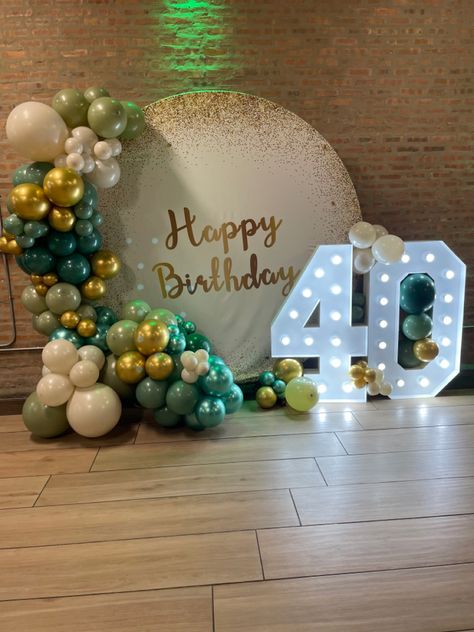 Shades Of Green Theme Party, Green Gold White Birthday Party, Shades Of Green Birthday Party, Green And Gold 40th Birthday, Birthday Ballon Decorations, Marquee Decor, Green Birthday Party, 60th Birthday Ideas For Mom, 40th Party Ideas