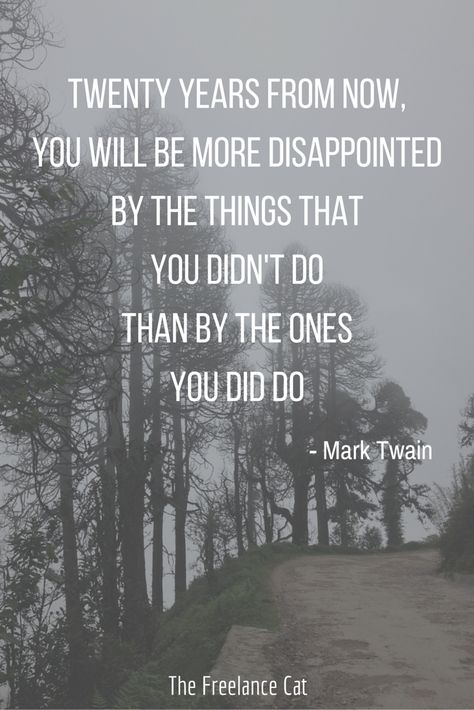 Inspirational quote from Mark Twain: Twenty years from now, you'll be more disappointed by the things you didn't do than by the ones you did. TheFreelanceCat.com Disappointed Quotes, Mark Twain Quote, Disappointment Quotes, Quotes Work, White Trees, Mark Twain Quotes, Black And White Tree, You Better Work, Work Smarter