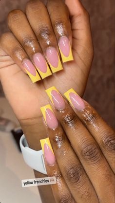 Yellow Nails Design French Tip, Yellow French Nail Designs, Yellow Marble Nails Acrylic, Yellow And Black Acrylic Nails, Yellow Nail Inspo Acrylic, Yellow French Tip Acrylic Nails, Yellow Nails French Tip, Yellow Tip Nails, Yellow And White Nails