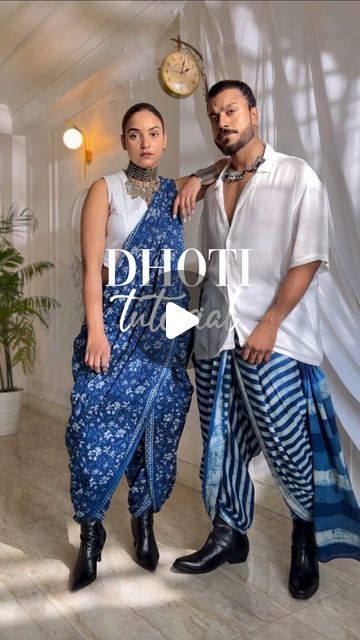 Indigo Saree Styling, Traditional Outfit Men, Dhoti Style Saree, How To Wear Dhoti, Aditya Gadhvi, Dhoti Dresses For Women, Dhoti Style Dresses, Indigo Outfit, Indigo Saree