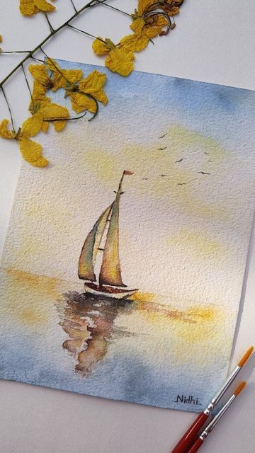 Nidhi Shukla on Instagram: "Love this boat painting ☘️🌟🌿 Ending the weekend on an easy seascape ✌️😊🌿 #painting #watercolorpainting #boatpainting #seapainting #seascape #oceanpainting #oceanart #watercolordaily #watercolordrawing #watercolorartist" Watercolor Boats Paintings, Water Colour Painting Watercolour, Watercolor Seascapes, Watercolor Painting Easy, Sailing Painting, Watercolor Boat, Boat Drawing, Water Drawing, Watercolor Sunset