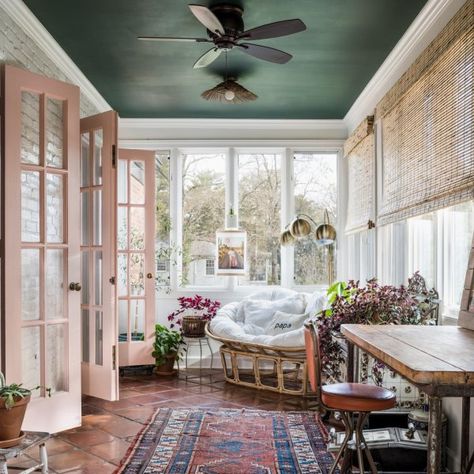 Billiard Green SW 0016 - Historic Color Paint Color - Sherwin-Williams Sunroom Paint Colors Ideas, Sunroom Paint Colors, White Trim Paint, Green Sunroom, Bathroom Ceiling Paint, Sunroom Colors, Sunroom Remodel, Ceiling Paint Colors, Painting Trim White