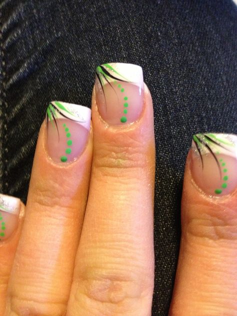 French tips with green design French Tip With Green Design, White Nails With Green French Tips, White And Green Nails French Tips, White Tips With Green Design Nails, White French Tips With Green Design, Like Green French Tip, Nail Stickers Decals, Unicorn Nails, French Tip Nail Designs