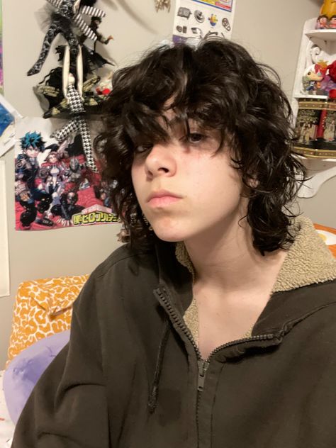 Nonbinary Long Hairstyles, Curly Masc Hairstyles, Masculine Wavy Haircut, Male Shaggy Hair, Masculine Curly Hairstyles, Trans Masc Haircut Curly Hair, Transmasc Curly Haircut, Curly Shag Haircut Men, Shag Mullet Curly Hair Short