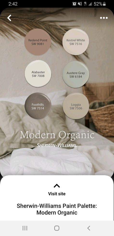 Organic Paint Colors, Sherwin Williams Color Schemes, Paint Color Pallets, Modern Farmhouse Paint Colors, Organic Modern Bedroom, Sherwin Williams Color Palette, Alabaster Color, Bedroom Colour Palette, Farmhouse Paint Colors