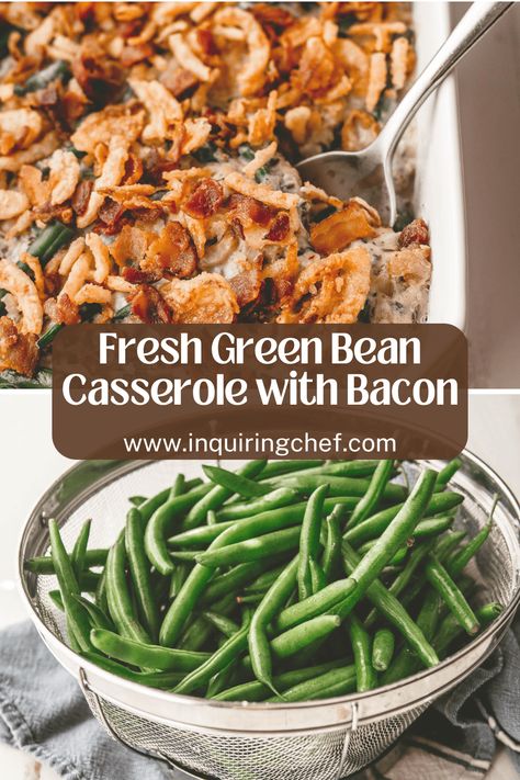 Fresh Green Bean Casserole with Bacon uses fresh green beans and mushrooms, a simple creamy sauce, and crispy bacon. This version includes French’s Crispy Fried Onions on top so it still has all the classic casserole vibes in a fresh update. #greenbeancasserole #homemade #holidays Best Chocolate Bundt Cake, Green Bean Casserole With Bacon, Pumpkin Cheesecake Bites, Green Bean Casserole Bacon, Boil Green Beans, Green Beans And Mushrooms, Fresh Green Bean Casserole, Casserole With Bacon, Homemade Green Bean Casserole