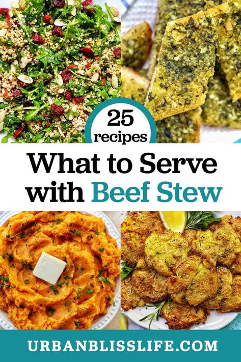 Wondering what to serve with beef stew? We've got 25+ recipes for breads, side dishes, vegetables, salads, and more to complete the meal! Get the recipes at UrbanBlissLife.com. Sides For Stew Dinners, Side Dishes For Beef Stew, Beef Stew Side Dishes, What To Serve With Beef Stew, Beef Stew Sides, Banana Crumb Coffee Cake, Salt And Pepper Wings, Beef Stew Dinner, Traditional Beef Stew