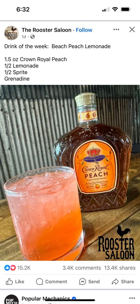 Peach Crown Royal Drink Recipes, Royal Drink, Peach Crown Royal, Summer Drinks Alcohol Recipes, Bartender Drinks Recipes, Fun Drinks Alcohol, Bartender Drinks, Alcholic Drinks, Summer Drinks Alcohol