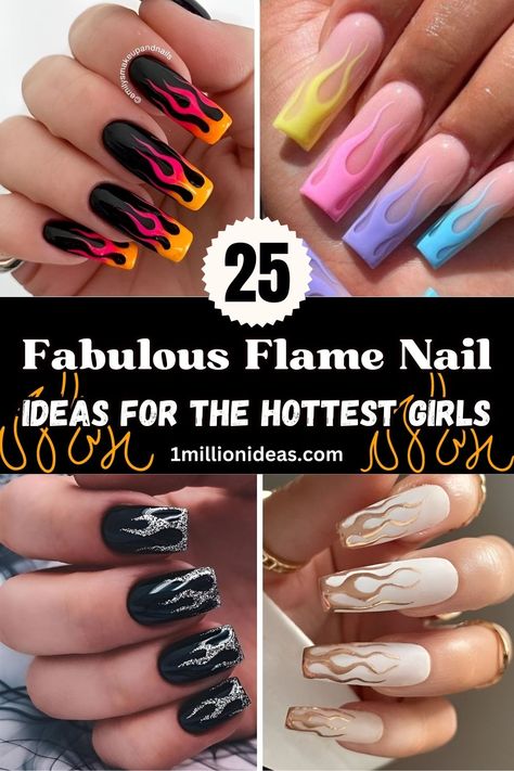 25 Fabulous Flame Nail Ideas To Make You The Hottest Girl Acrylic Nail Designs Flames, Purple Flame Nails Acrylic, Sturgis Nail Design, Nails With Flames Design, Purple Flame Nail Art, Halloween Flame Nails, Car Show Nails, Flames Nails Designs, Fire Nail Art Design