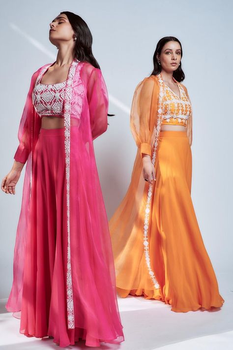 Buy #orange organza puff sleeve jacket in #pearl and cutdana embroidery. Paired with embroidered crop top and palazzo by #HouseOfPink at #AzaFashions Shop online now at #Azafashions.com Call +91 8291990059 or email contactus@azafashions.com for enquiries. #wedding #festive #ethnic #tradional #shopping #shoponline #party #reception #bride Crop Top Palazzo With Jacket Indian, Crop Top Embroidery Designs, Palazzo Crop Top Outfit Indian, Plazo Crop Top Indian Wedding, Crop Top With Plazo And Jacket, Palazoo Sets Crop Tops, Crop Top Palazzo With Jacket, Crop Top Outfits Indian, Puff Sleeve Jacket