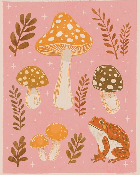 I’ve been preparing for a craft show this week but I will have some new and exciting prints and paintings to share next weekend! Fall Mushroom Painting, Mushroom Print Pattern, Psychadelic Art Patterns, Fall Illustration Art, Bts Stationary, Folk Aesthetic, Mushroom Illustration, Woodland Illustration, Magical Paintings