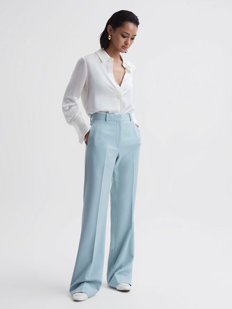 Reiss Blue Clara Wide Leg Wool Blend Trousers - REISS Light Blue Trousers Outfit, Blue Trousers Outfit, Trousers Women Outfit, Striped Wide Leg Trousers, Work Fits, Trouser Outfit, Collared Blouse, Blue Trousers, Of Model