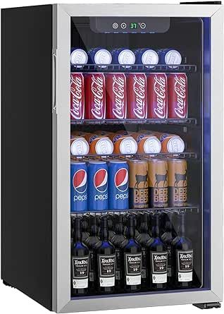 Erivess Compact Beverage Refrigerator,126 Can/3.2 Cubic Feet Fridge with Glass Door for Soda, Beer Under Counter Drink Dispenser with Adjustable Shelve & LED Display Beverage Fridge, Removable Shelves, Beverage Refrigerator, Mini Kitchen, Glass Front Door, Beverage Cooler, Drink Dispenser, Break Room, Mini Fridge