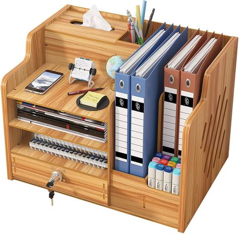 Updated Wooden Desktop Organiser with Drawer, Large Capacity Desk Tidy Storage Holder File Rack A4 Paper Document Sorter DIY Office Supplies Storage Box for Home, Office and School(JB07-2 Cherry Wood) : Amazon.co.uk: Stationery & Office Supplies Diy Office Supplies, Wall Calendar Organizer, Large Wooden Desk, Office Supplies Storage, Work Desk Organization, Desktop Organiser, Wooden Pen Holder, School Storage, Office Supply Storage